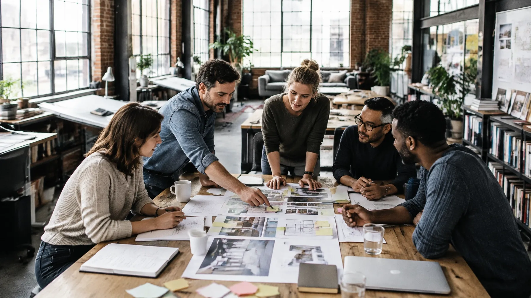 A team sharing ideas and planning together around a table